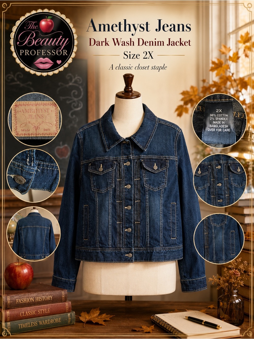 💕 Amethyst Jeans 2X Dark Wash Stretch Denim Jacket Button Front Plus Size